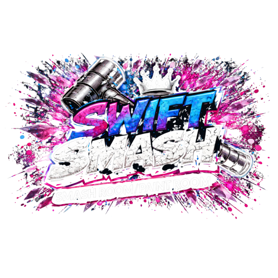 Graffiti-style text 'Swift Smash' with vibrant splatters and barrel graphics.